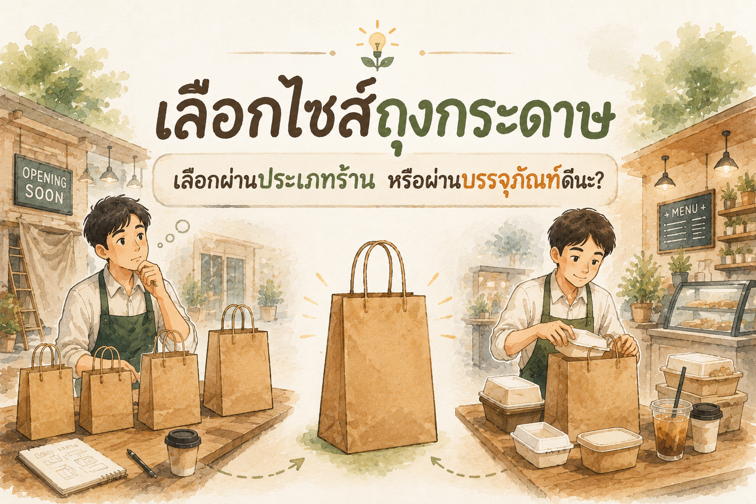 เจ้าของร้านอาหารกำลังเลือกไซส์ถุงกระดาษผ่านประเภทร้านและบรรจุภัณฑ์อาหาร