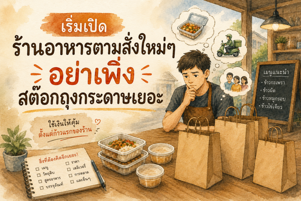 ภาพหน้าปกบทความแสดงเจ้าของร้านอาหารตามสั่งกำลังวางแผนเรื่องถุงกระดาษและบรรจุภัณฑ์ในช่วงเปิดร้านใหม่