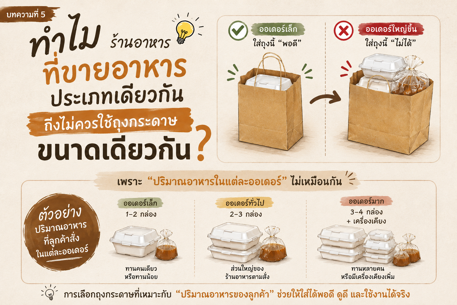 ตัวอย่างการเลือกขนาดถุงกระดาษให้เหมาะกับร้านอาหารและปริมาณอาหารในแต่ละออเดอร์