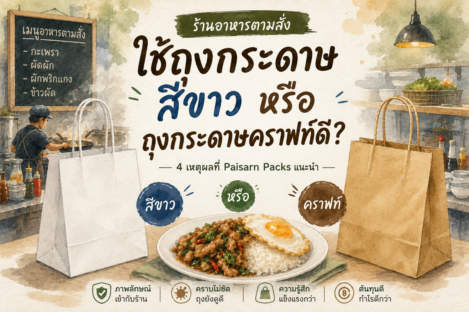 ร้านอาหารตามสั่งควรเลือกใช้ถุงกระดาษคราฟท์หรือถุงกระดาษขาว เปรียบเทียบข้อดีด้านภาพลักษณ์ ความสะอาด ความรู้สึกของลูกค้า และต้นทุน