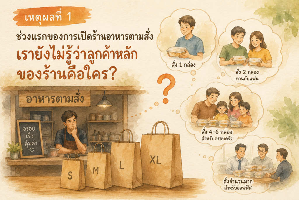 ภาพประกอบแสดงความหลากหลายของลูกค้าร้านอาหารตามสั่งในช่วงเปิดร้านใหม่ ที่มีการสั่งอาหารจำนวนแตกต่างกัน ส่งผลต่อการเลือกไซส์ถุงกระดาษ