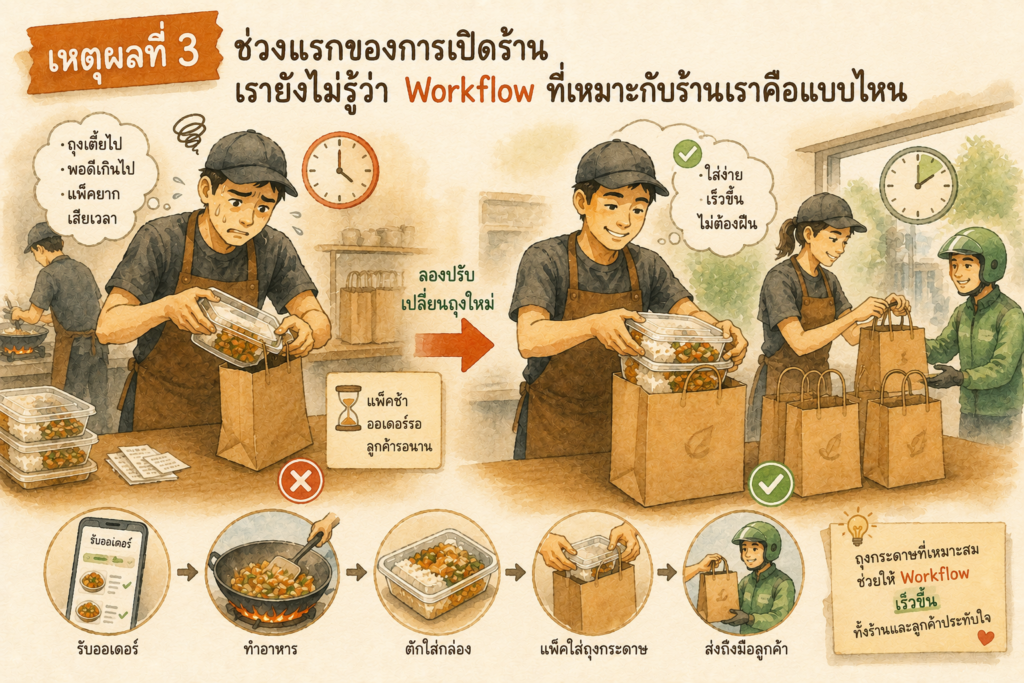 ภาพประกอบแสดง Workflow การแพ็กอาหารของร้านอาหารตามสั่ง และผลของการเลือกไซส์ถุงกระดาษต่อความรวดเร็วในการทำงาน