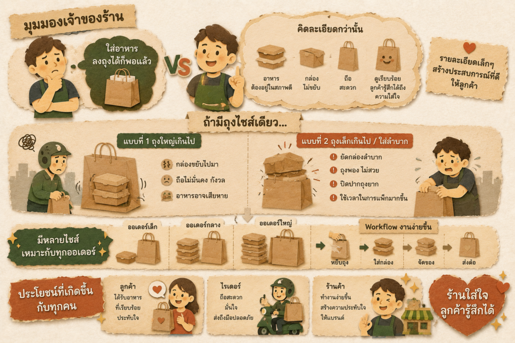 การเลือกไซส์ถุงกระดาษที่เหมาะสมช่วยให้พนักงานแพ็กอาหารง่าย ลูกค้าถือสะดวก และอาหารอยู่ในสภาพเรียบร้อย